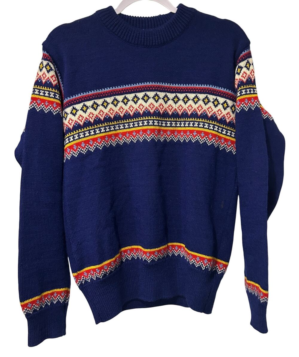 Vintage Norsewear New Zealand 100% Wool Sweater M Fair Isle Nordic Ski Navy Flaw